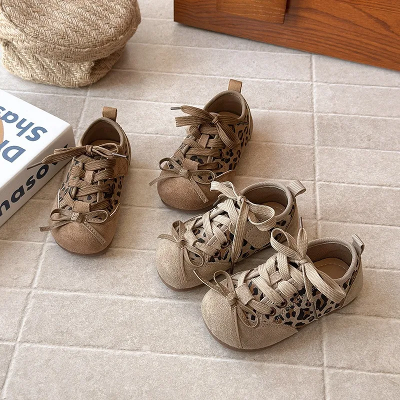 Kinder Spleißen Leopard Print Casual Schuhe Frühling und Herbst Neue Koreanische Version Mädchen Bogen Vielseitige Mode Wohnungen