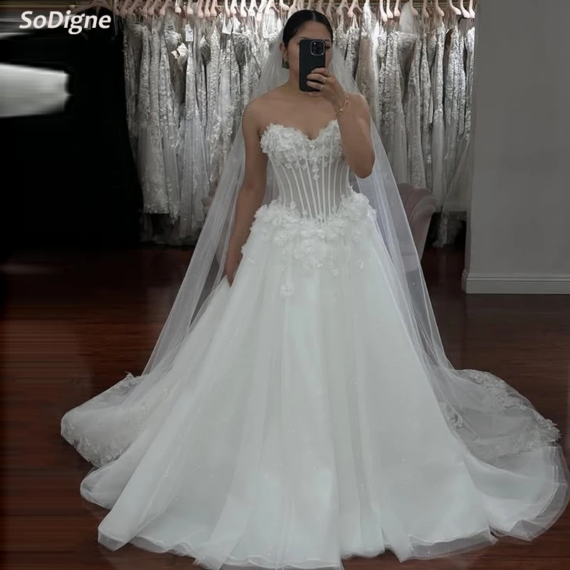 

SoDigne A-line Glitter Bride Dresses Sweetheart Sleeveless Tulle Appliques Wedding Dress Bridal Gowns Robe De Mairee Customized