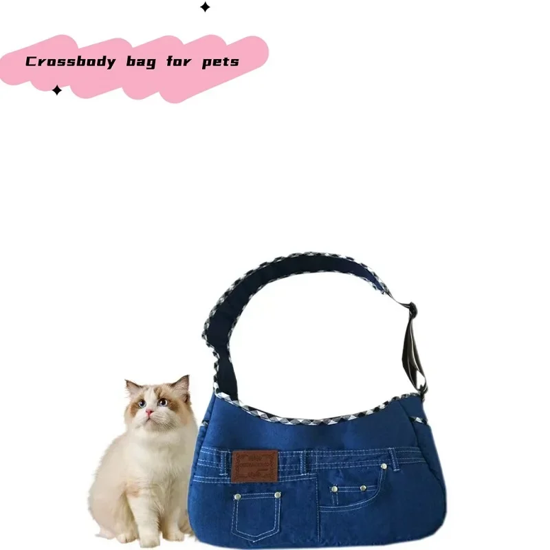 

Pet outing one-shoulder denim Bag for cats and dogs Universal crossbody bag with adjustable shoulder strap breathable mesh