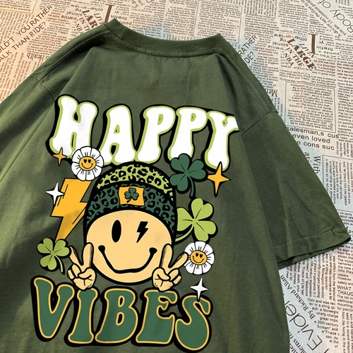 Happy Vibes 남성용 여름 크루넥 티셔츠, 통기성 면 티셔츠, 루즈한 상의, 데일리 유지 관리 필요 