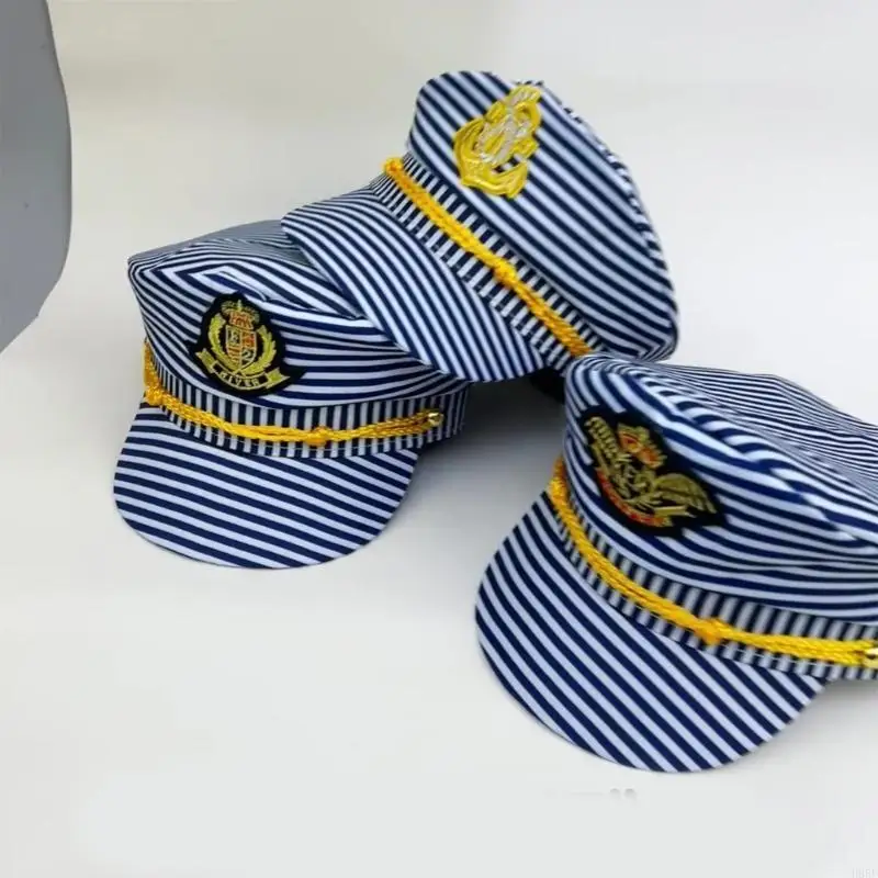 B95F Stripe Marine Inspired Caps Soft Fabric Hat Cosplay Captain Hat Headwear for Comfort and Sun Protections