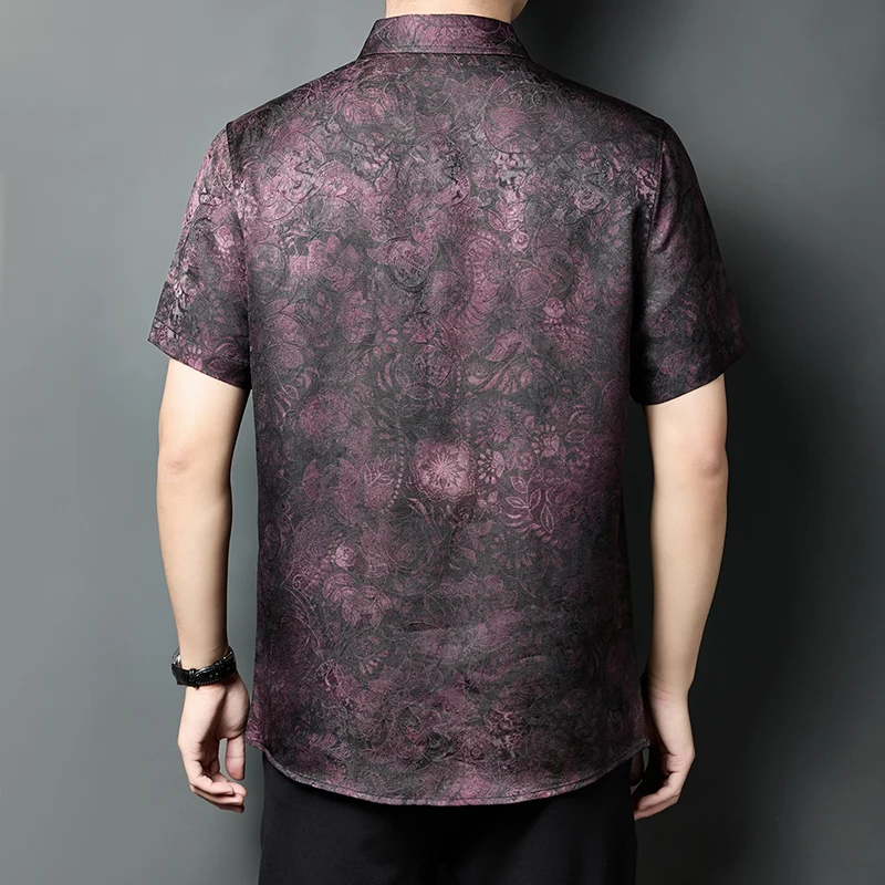 HT5706 Chinese Style Silky Shirts For Men Short Sleeved Viscose Summer Quality Comfortable Fit Vintage Premium Camisas De Hombre