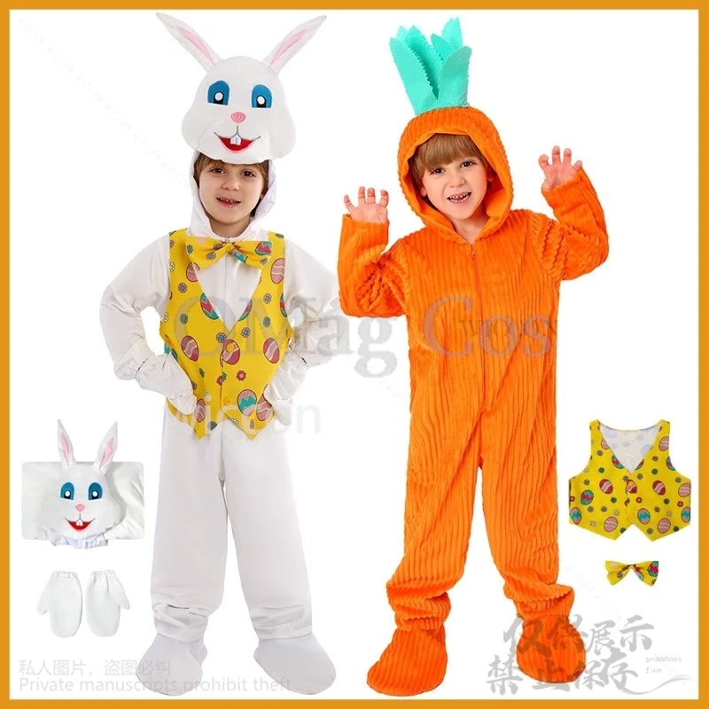 2024 Halloween Costume Boy Carrot Cosplay Girl Hooded Rabbit Animals Pajamas Jumpsuit Cos Furry White Bunny Costume For Child