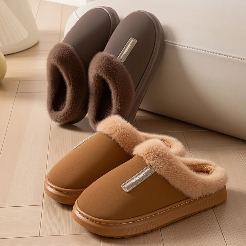 2026 New Large Size Mens Winter Cotton Slippers Thickened Non Slip Sole Indoor Home PU Plush Warm Slippers for Men