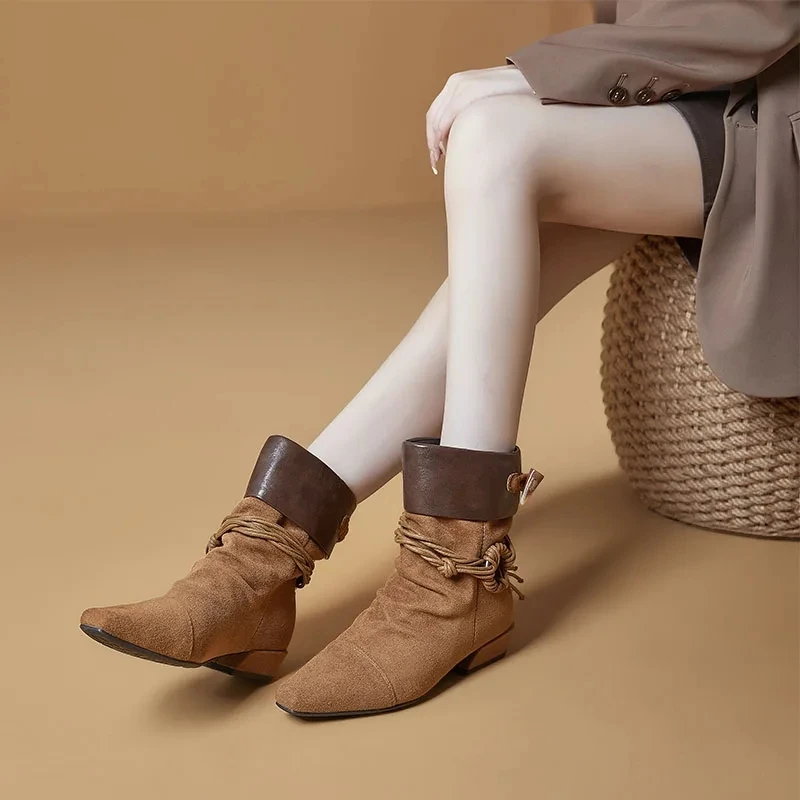 الرجعية الجلود مطوية الأحذية الغربية المرأة الخريف الشتاء اتجاهين ارتداء أشار تو كعب رقيقة تنورة متوهج الأحذية #2