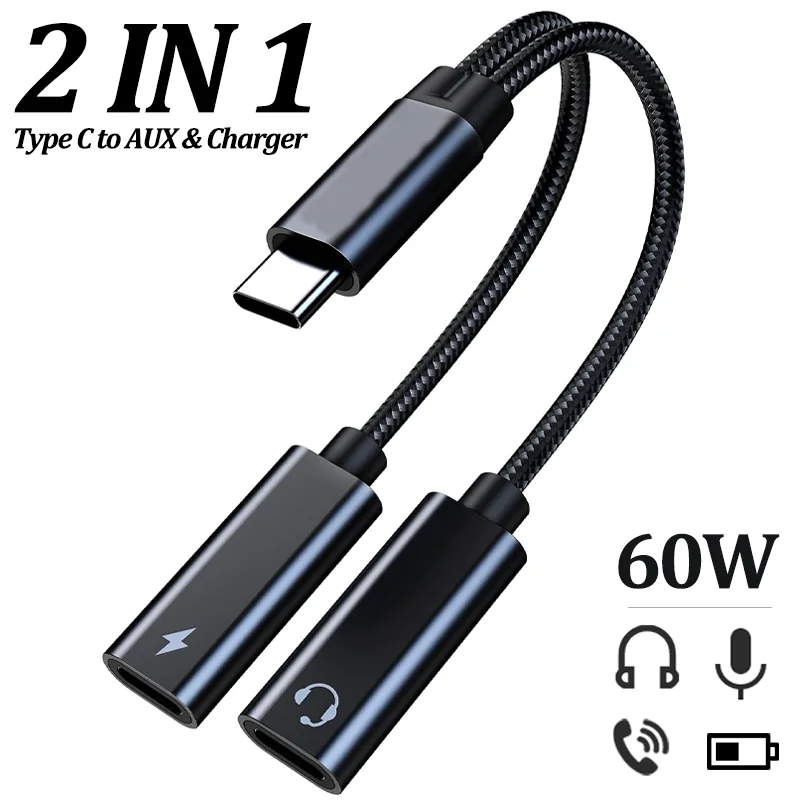 2 IN 1 OTG Headphone Jack USB Type C Splitter to Dual USB C Headphone Adapter 60W Charger for iPhone 15 Samsung Huawei Xiaomi