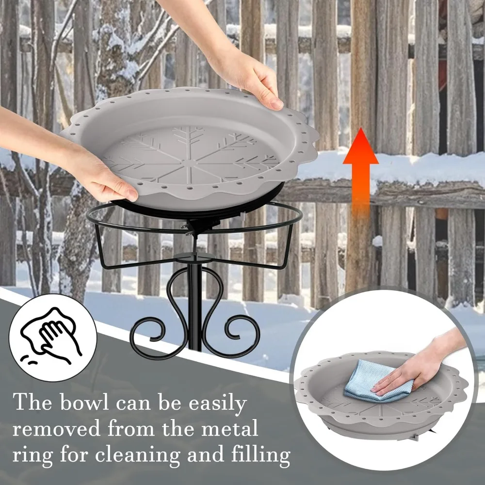 Bagno per uccelli riscaldato da 100 W per l'inverno all'aperto con controllo del termostato, base a 5 poli, ciotola grigia