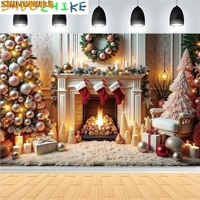 

Christmas Day New Year Party Photography Backdrops Prop Window Living Room Interior Xmas Tree Snow Theme Photo Background FN-68