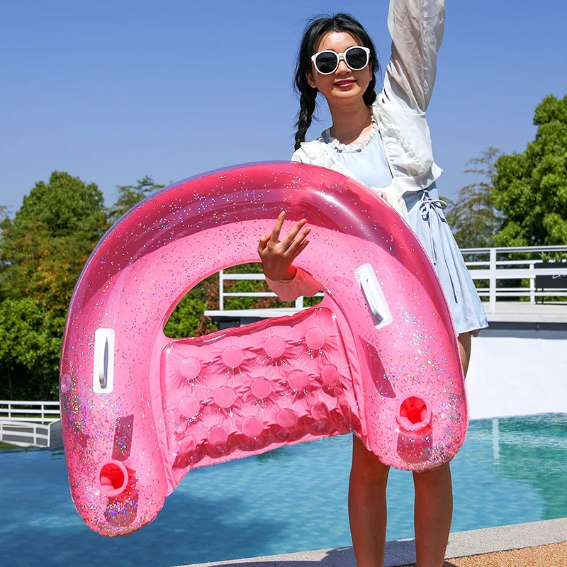 Transparante glitter U-vorm opblaasbare zwembadvlotter - sprankelend waterligstoel met rugleuning voor zwevende zitting op het zomerstrand