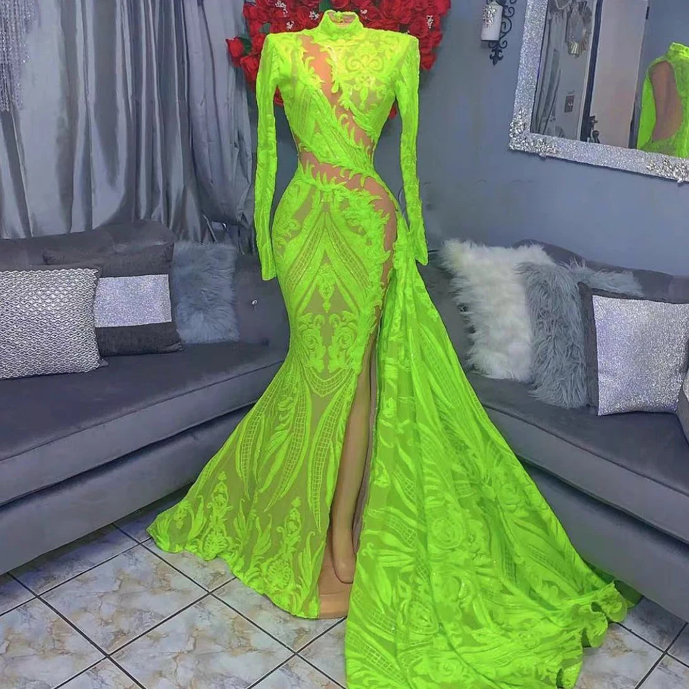 green prom dresses 2023 one shoulder long sleeve side slit lace sparkly shinning mermaid long evening dresses gowns