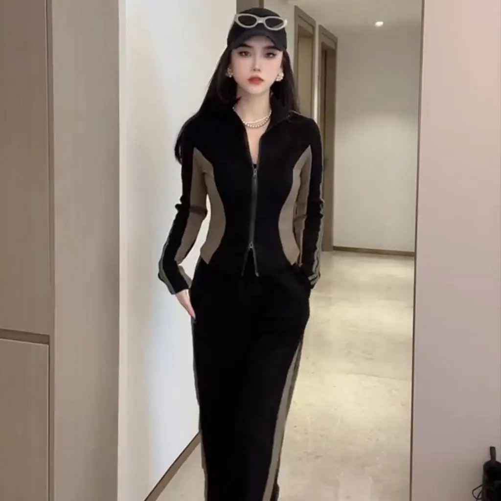 

Женский спортивный костюм для отдыха на флисовой подкладке, облегающий комплект из двух предметов, дизайн контрастной цветной строчки на весну