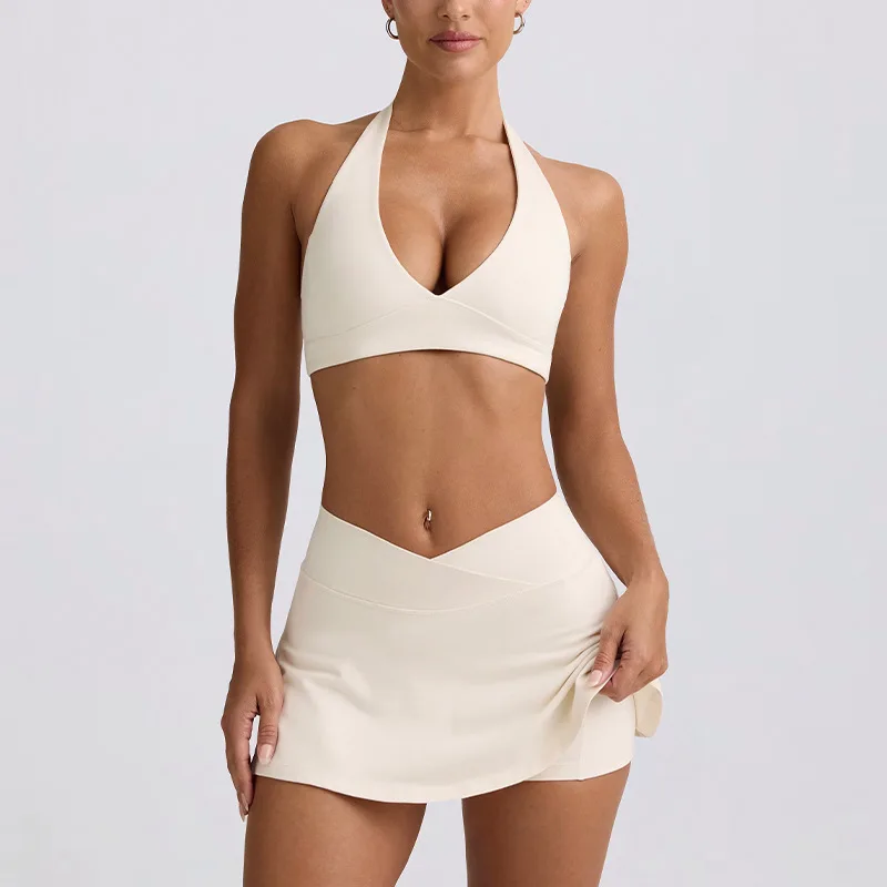 Anti-Shock Halter Neck Two-Piece Set Buttery Soft 4-Way Stretch Tennis Skort Quick-Dry Yoga Fitness for Women