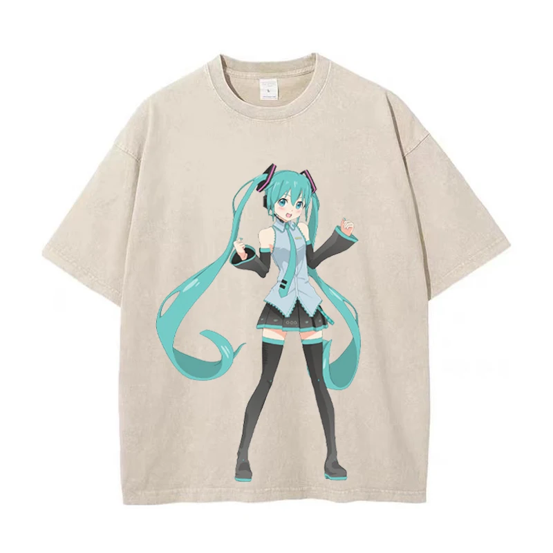 FuFu Hatsune Miku Anime Figure Short Sleeve Couple Men\'s and Women\'s Retro Washed Casual Fashion Pure Cotton T-shirt Gifts