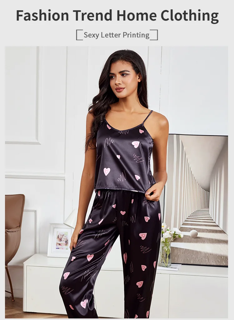 Damen Hauskleidung sexy V-Ausschnitt Pyjama Seide Pyjama Set Nachtwäsche Satin Cami Weste mit Hose Pyjama 2 Stück Sets Lounge wear – Detail 1