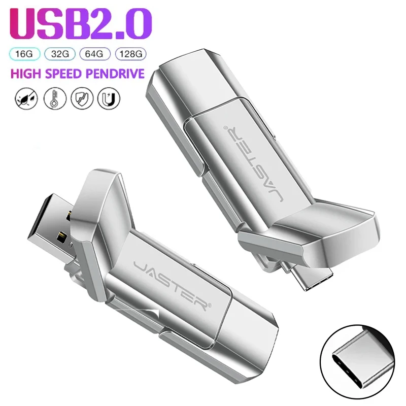 JASTER OTG 2 in 1 USB Flash Drive 128GB TYPE-C Memory Stick 64GB Flip Cover Silver USB Stick 32GB Metal Pen Drive 8GB Waterproof