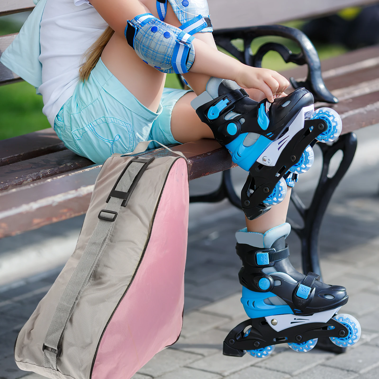 حقيبة تزلج شبكية للزلاجات الجليدية الدوارة ذات سعة عالية لتخزين الكتف والعتاد الرياضي حقيبة مثلثة باللون الوردي