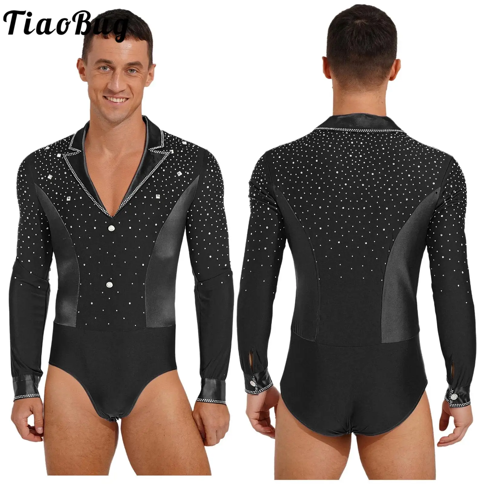 男性ラテンダンスシャツレオタード長袖フィギュアスケートバレエダンスレオタード社交タンゴルンバ体操ユニタードボディスーツ