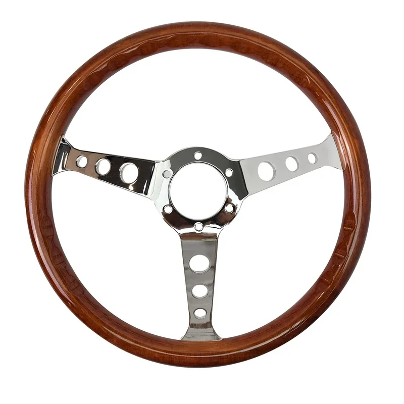 High Quality Classic Wood Grain Racing Steering Wheel With Three Spoke And Horn Button Interior Accessory