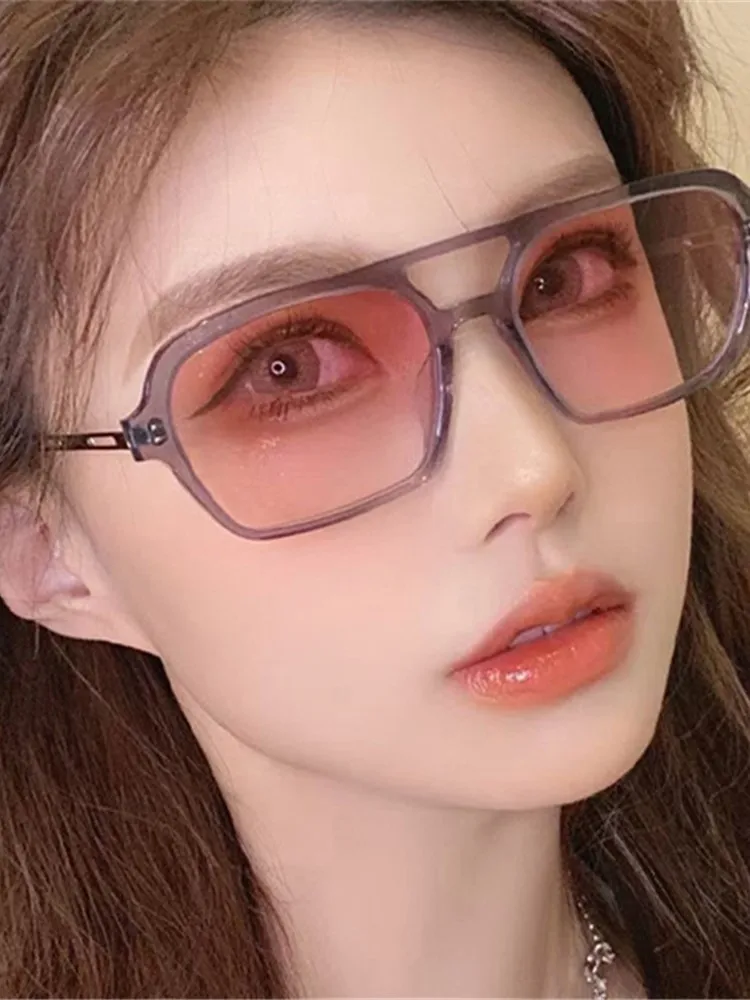 Retro Double Bridges Sunglasses Women Fashion Pink Gradient Eyewear Trending Hollow Leopard Blue Square Sun Glasses Men Shades - view 2