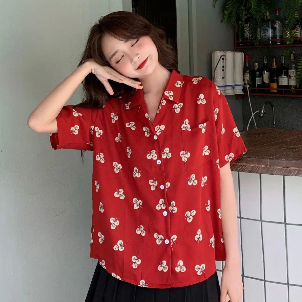 Retro Floral Print Short Sleeve Loose Women's Shirt Versatile Thin Cardigan Style Commute Fashion Button Design Summer Top