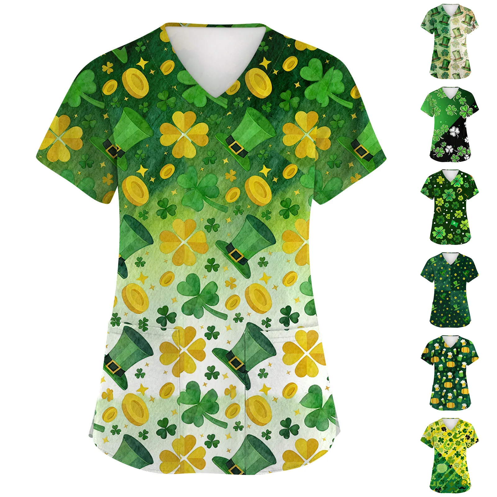 

St. Patrick'S Print Pattern Short Sleeved Nurse Workwear V-Tie Pocket Nurse Uniform Ladies' Casual Short Sleeved Shirt