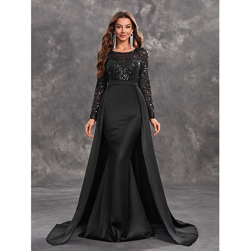 

Black vestido de festa Women Long Sleeve O Neck Sequiend Elegant Cocktail Prom Formal Occasion Gown Evening party dresses
