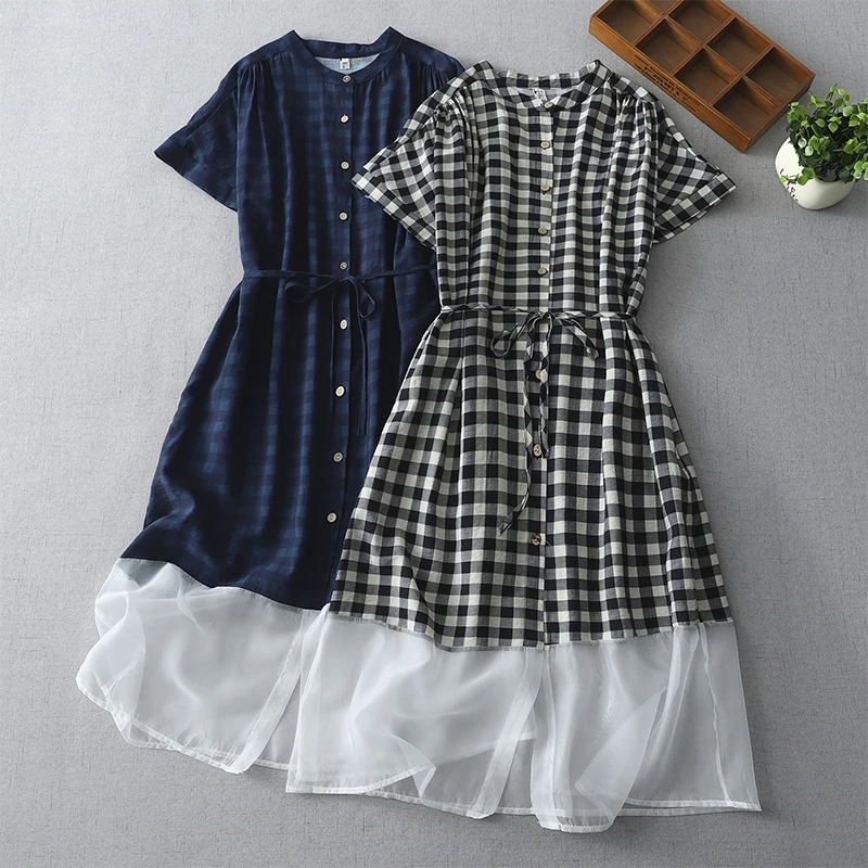 

Spring New Plaid Patchwork Dr Casual Belted Slimming Japanese Sle Skirt with Belt Women's plus Size A-Line Dr