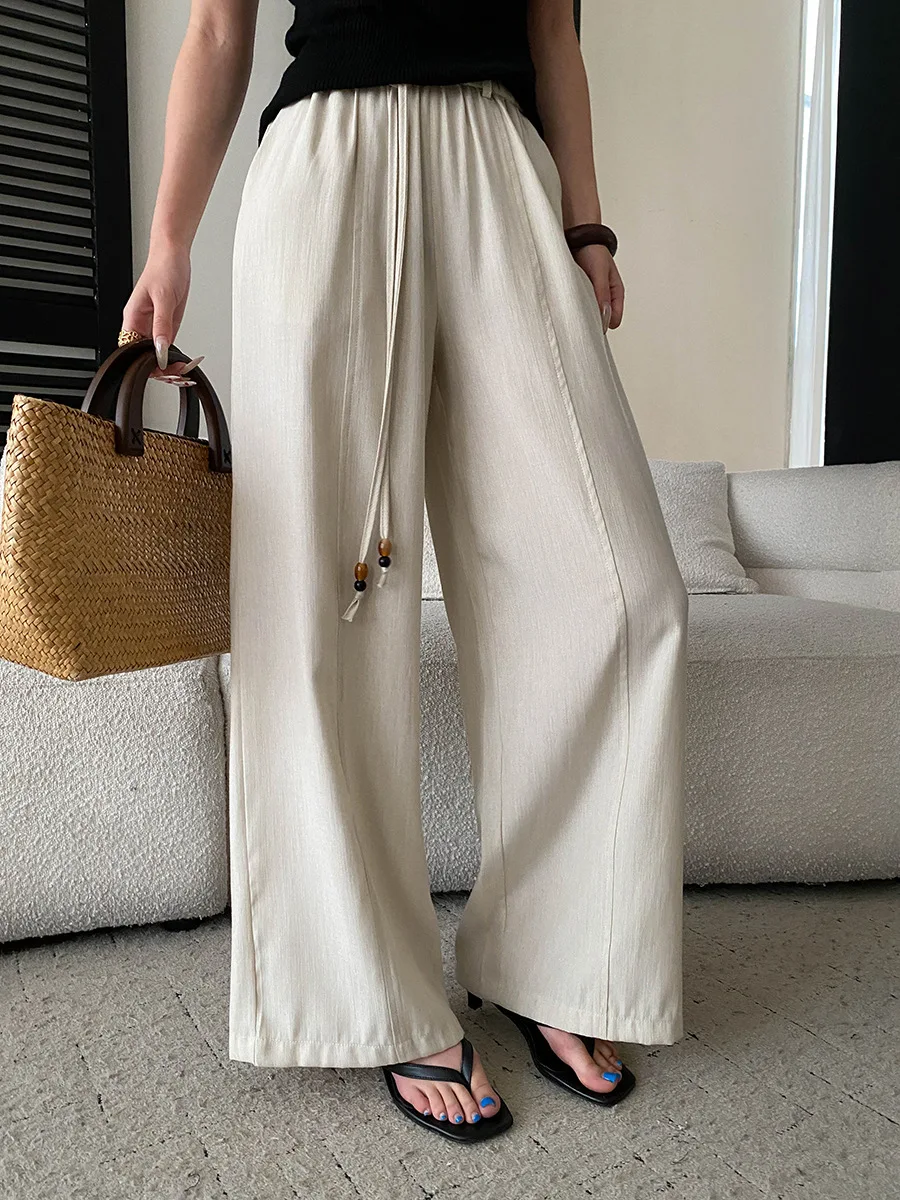 

Summer women's retro beaded lace up elastic high waisted loose straight leg wide leg casual pants