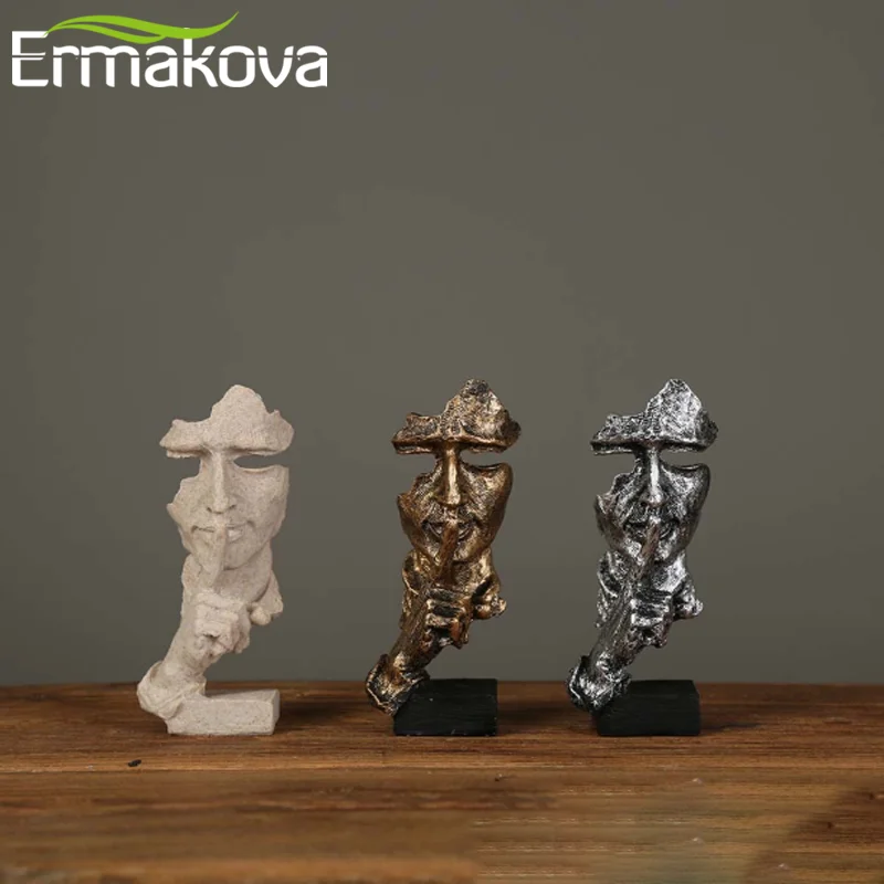 ERMAKOVA Abstract Silence Is Golden Figurine Resin Hand Face Silent Men Statue Sculpture Home Office Living Room Decoration