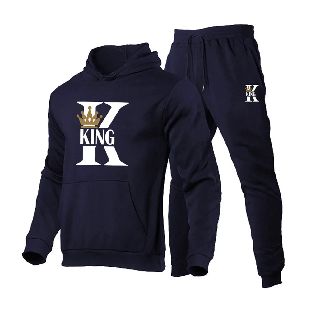 KING Printed Hoodies Suit Men\'s Casual Sweatershirts Pants Set Fashion Fleece Autumn Winter Jogging Pullover Sweatpants Clothing