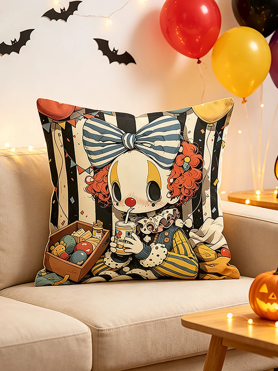 1PCS Digital Print Pillow Covers, Cushion Covers, Cute Retro Clown Sipping Drink Balloons Fun Circus Party Halloween Decor