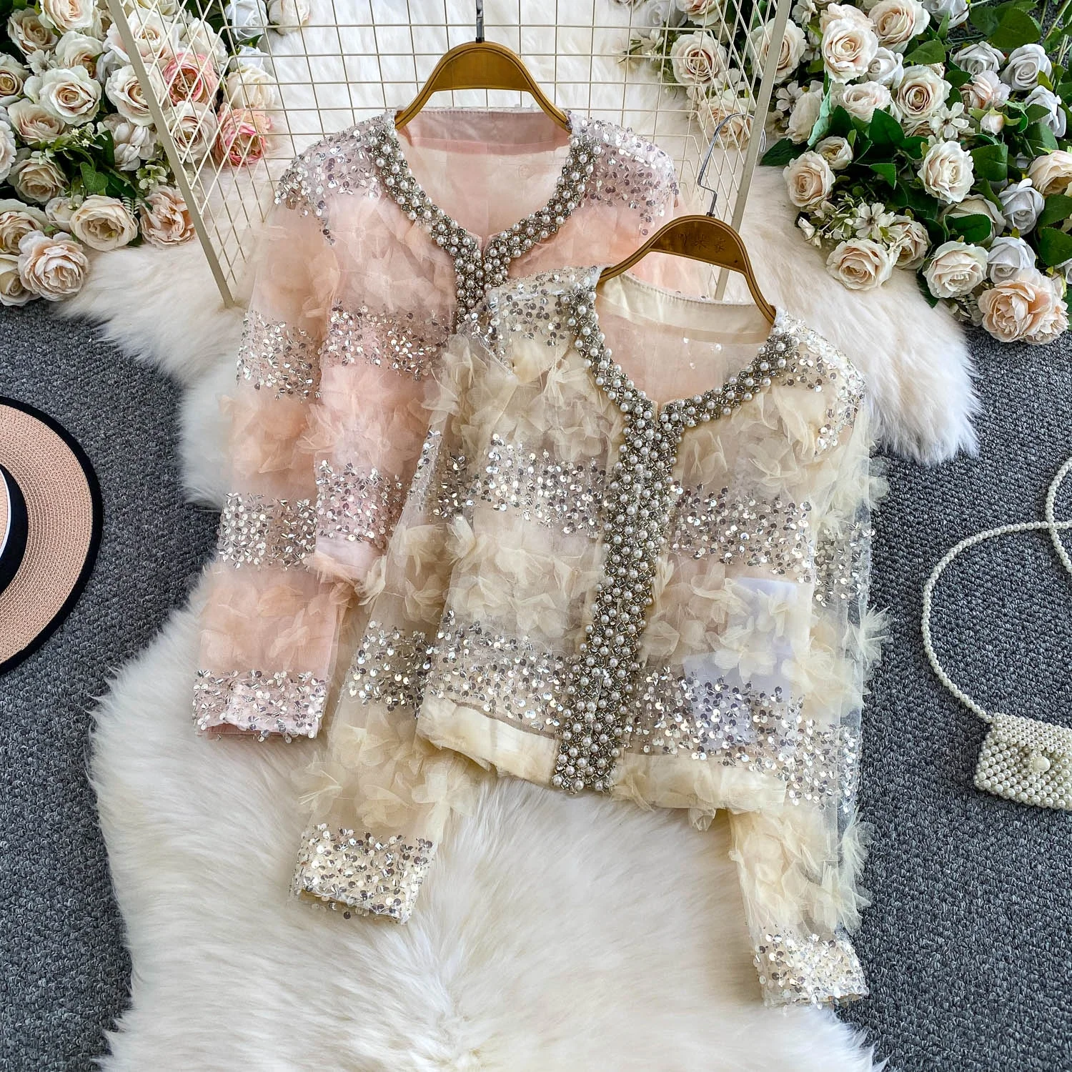 

Кружевная верхняя одежда Ele из бисера, женское утягивающее пальто, роскошный топ в европейском стиле с тяжелыми украшениями и ромбовидной вышивкой