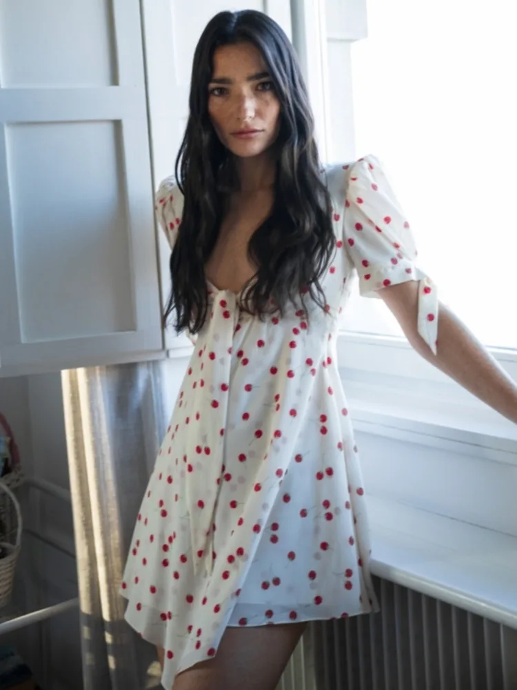 Elegante manga curta com decote em u bolinhas vestido de camada dupla feminino verão estilo rua vestido novo verão férias beachwear