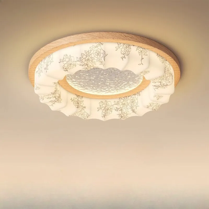 Printed Fabric Ring Ceiling Light Cream Style Creative Bedroom Wooden Lamp Zen Living Room Teahouse Interior Art Home Decoration