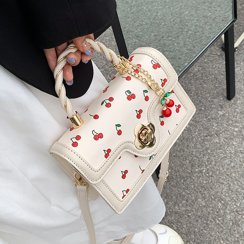 Bolso cruzado cuadrado pequeño con patrón de cereza para mujer, bolsos de mensajero portátiles para mujer, bolsos de hombro versátiles para niñas informales