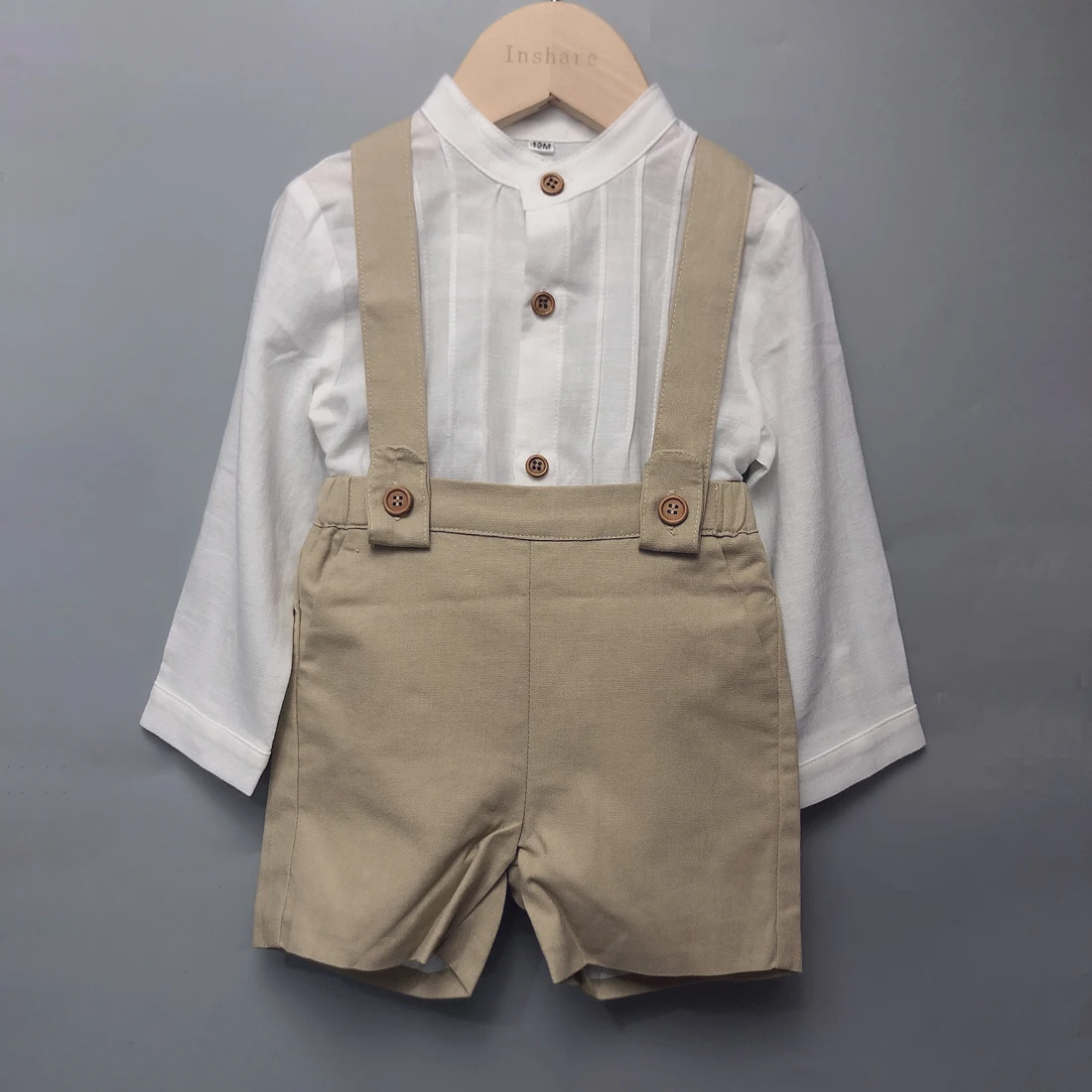 Children Boutique Clothing Toddler Boys Cotton Long Sleeve Shirt Khaki Linen Straps Shorts Eid Clothes Baptism Spanish Style