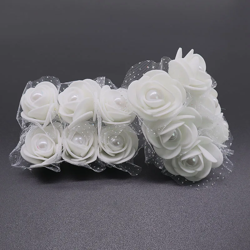 12/24/72pcs 3cm Artificial Mini Foam Roses Flowers with Lace Pearl Bead for Wedding Decor DIY Bride Wreath Scrapbooking Crafts