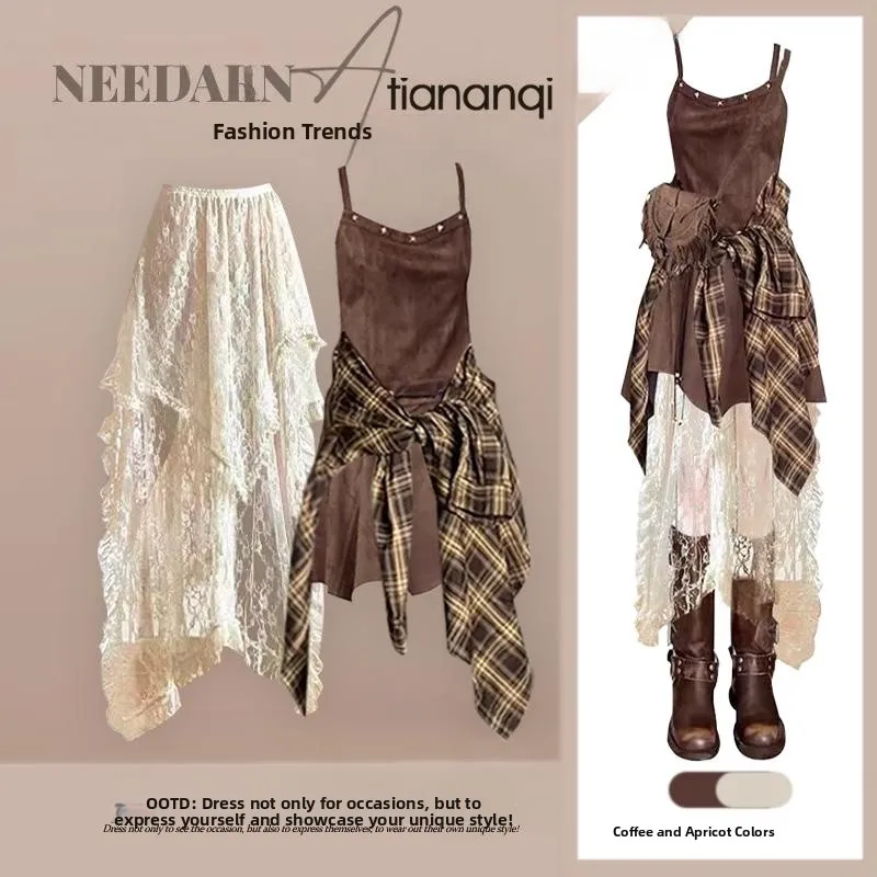 

Свободное кружевное платье-рубашка в корейском стиле, комплект из трех предметов, весна 2026, новинка, винтажный шик, выбор узкого круга покупателей