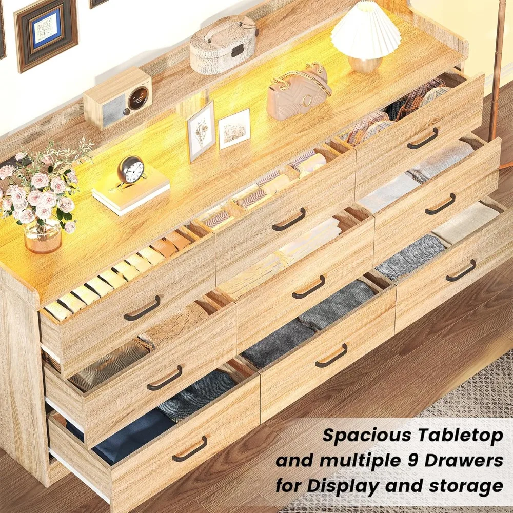 Commode à 9 tiroirs avec prise de courant intégrée, commode moderne du milieu du siècle pour chambre à coucher, rangement de commode triple large de 63 pouces