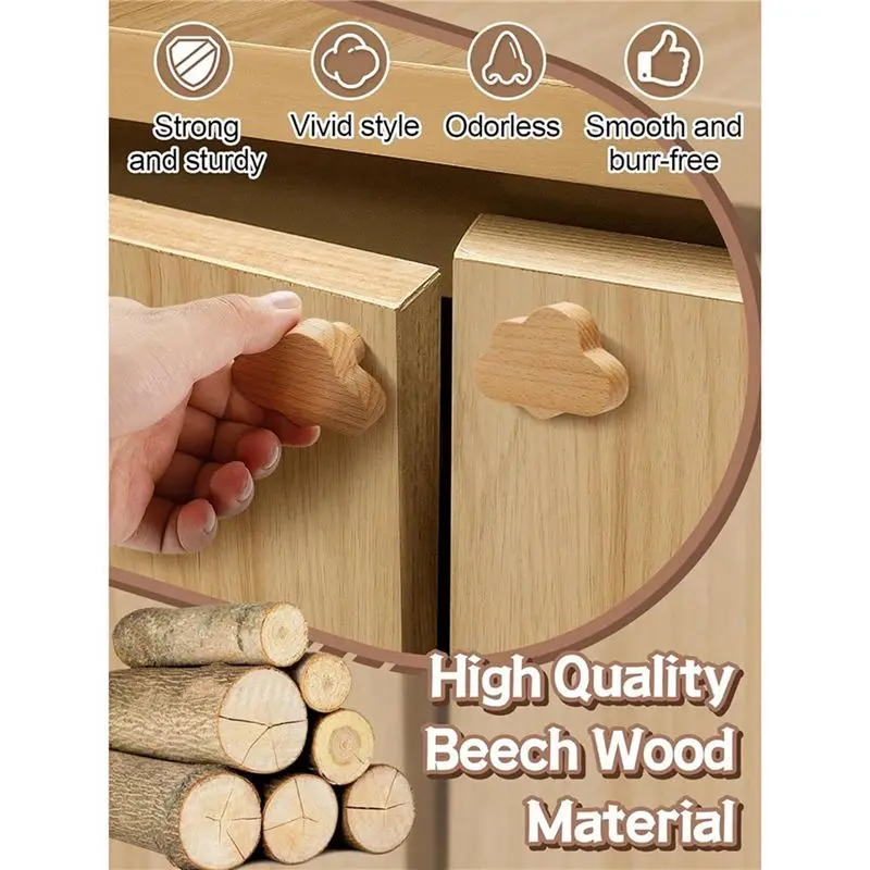 Boho Dresser Knobs- 24 Pack Durable Beech Wood Drawer Knobs Cloud-Shaped Wooden Dresser Pulls For Cabinets, Furniture