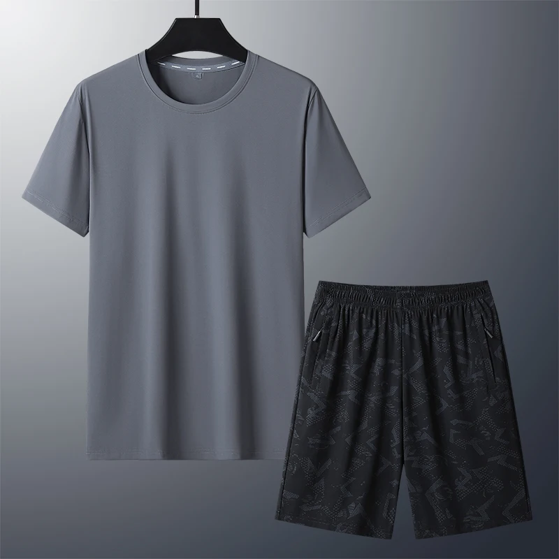 New Men'S Summer Ice Silk Short Sleeved Suit Cool Comfortable Short Sleeved Quick Drying Breathable Casual Sports 2-Piece Set