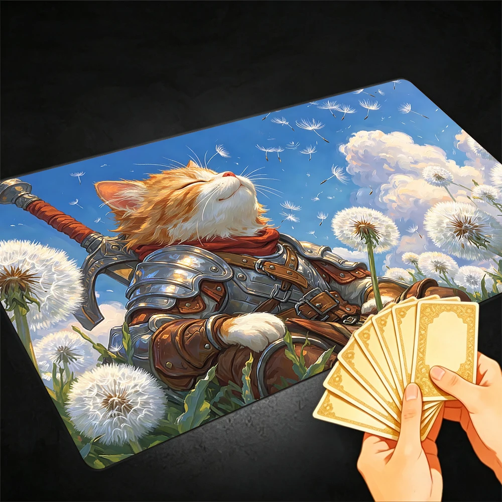Glamorous Cat Warrior TCG Playmat Magic Playmat Gathering Gaming Mat with Stitched Edge Anti-slip base 60X35cm Trading Card Game