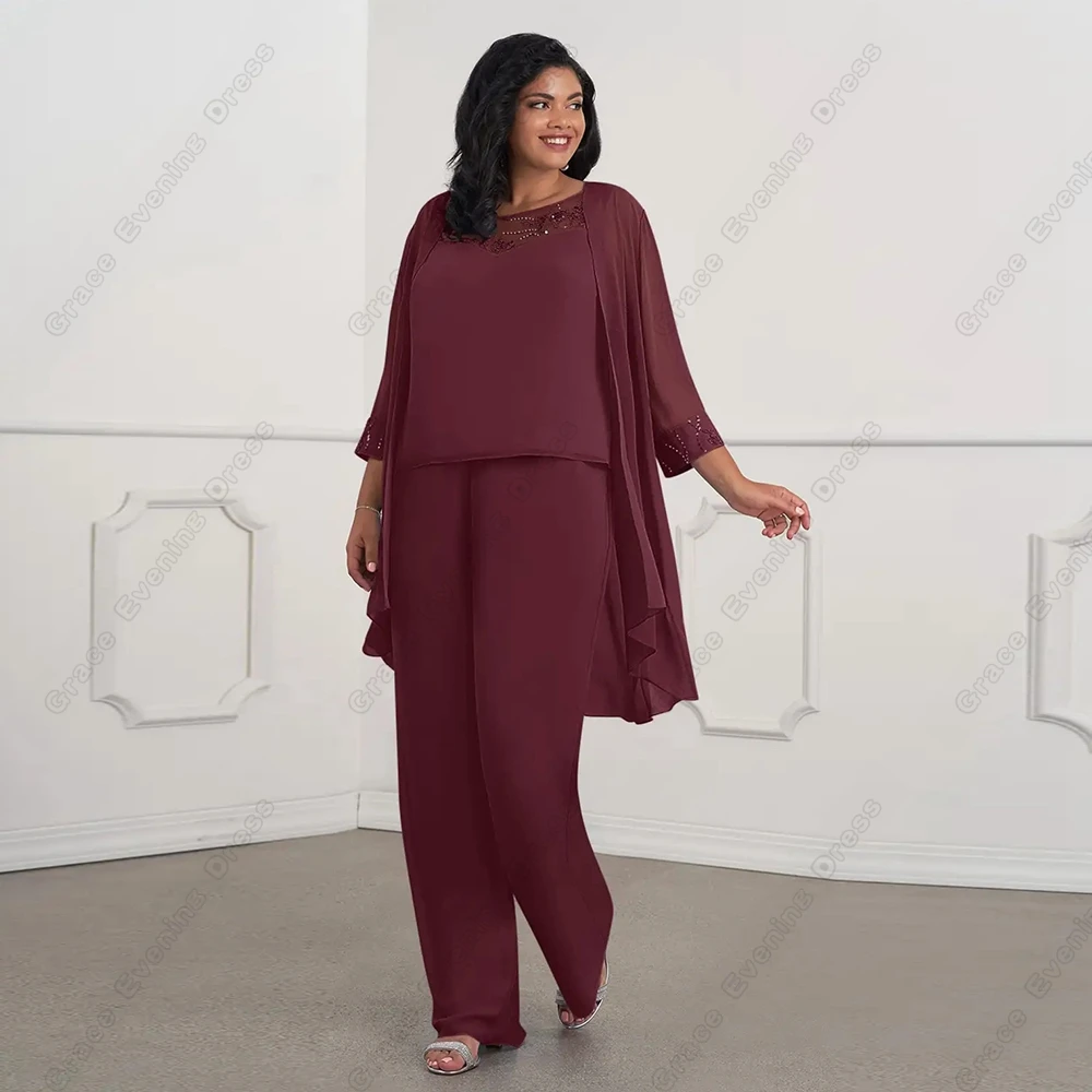 Burgundy Full Sleeve Mother of Bride Dresses for Women Beach Chiffom Wedding Party Dresses with Lace 2025 Summer Robe De Soirée