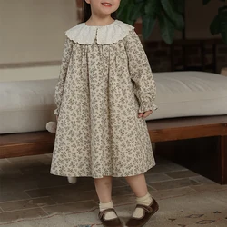 Autumn Girl Retro Style Dress 2024 Spring New Baby Clothing Fashion French Lace Collar Floral Children's Dress Kids Dresses