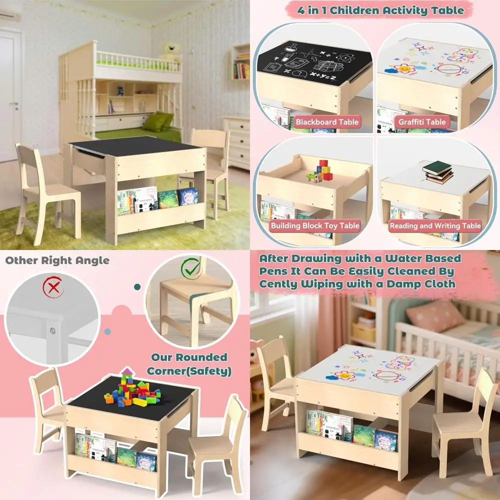 

Многофункциональный деревянный стол и стул для детей: двусторонняя доска (маркерная/меловая), хранение для учебных принадлежностей, творчества и игр)