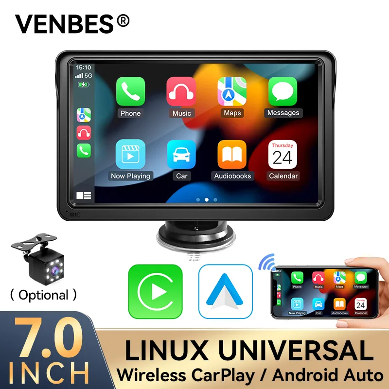 VENBES – przenośne radio samochodowe z 7-calowym ekranem dotykowym, obsługujące bezprzewodowe CarPlay i Android Auto, z funkcją Mirror Link, kamerą cofania, wejściem AUX i portem USB typu C.
