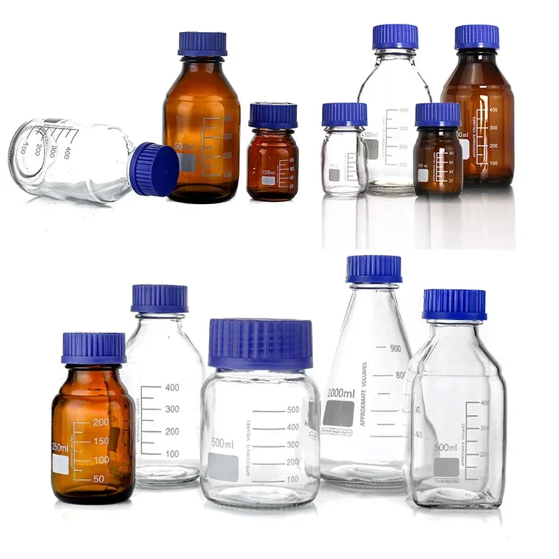 5pcs 25-1000ml Empty Non-High Borosilicon Glass Media Storage Bottles with Blue GL45 Screw Caps for Lab Mixtures Reagent Liquids