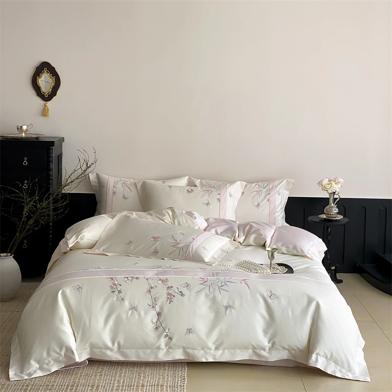 

1000TC Egyptian Cotton Chinese Style Flowers Embroidery Luxury Bedding Set Duvet Cover Flat/Fitted Bed Sheet Pillowcases 4Pcs