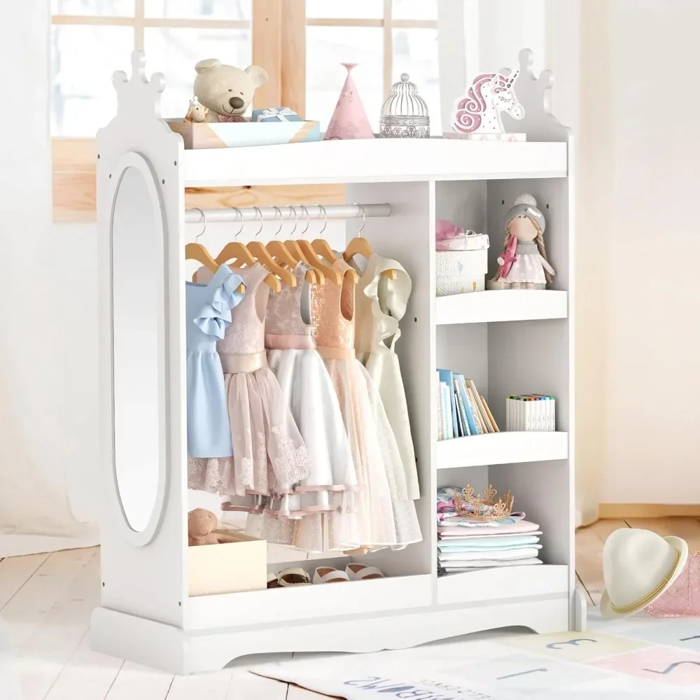 Kids Dress up Storage with Mirror, Kids Wardrobe with 3 Hooks, Kids Armoire Costume Organizer for Bedroom