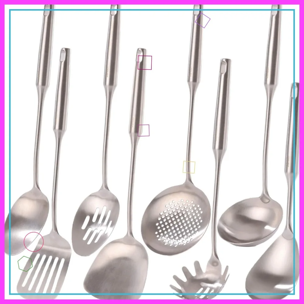 

18/10 Stainless Steel Kitchen Utensils Set - 15" All Metal Cooking Tools, 8 PCS Solid Spoon, Spatula, Ladle & More